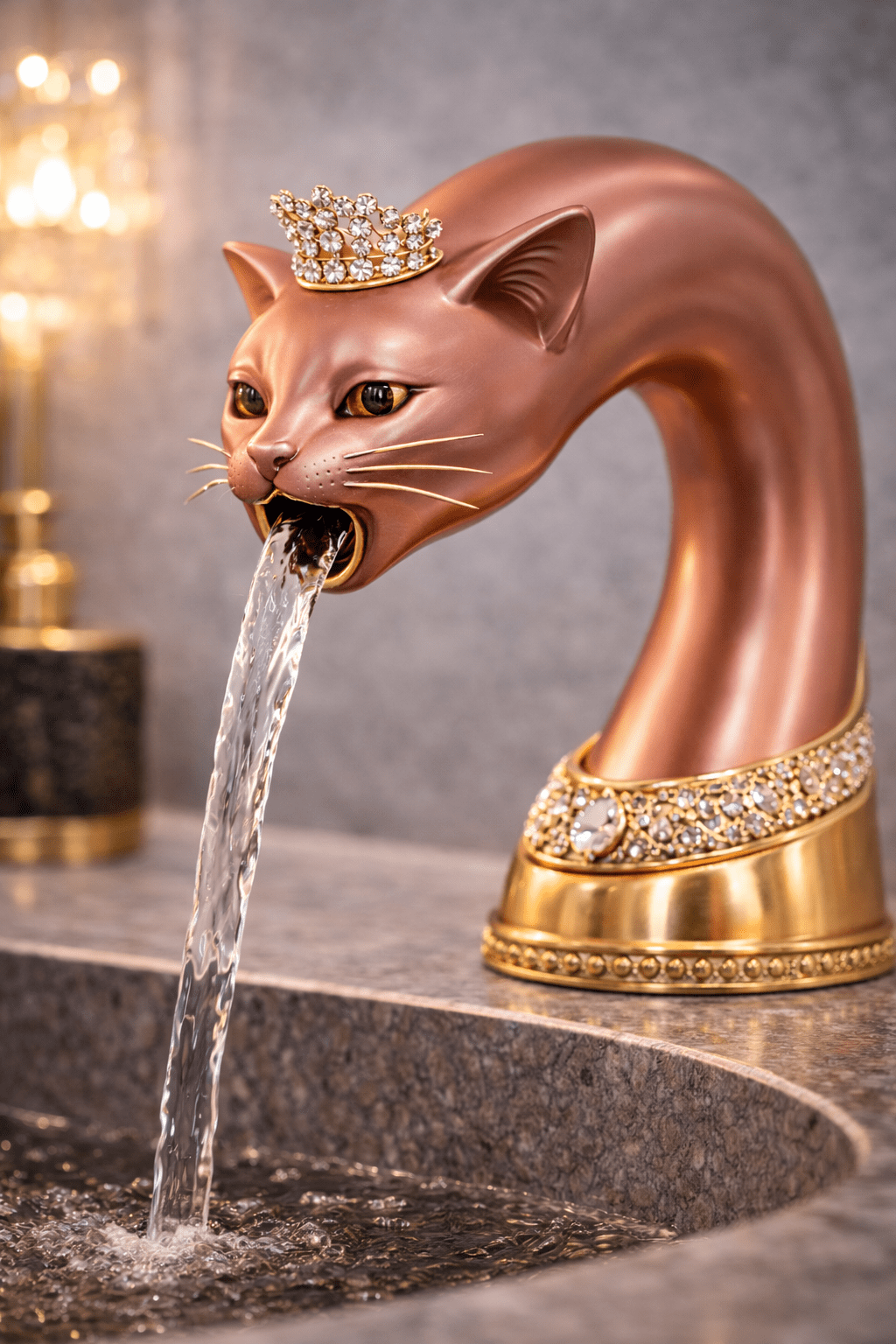 Rose gold cat-shaped luxury bathroom tap with crystal crown and gemstone collar flowing into stone sink