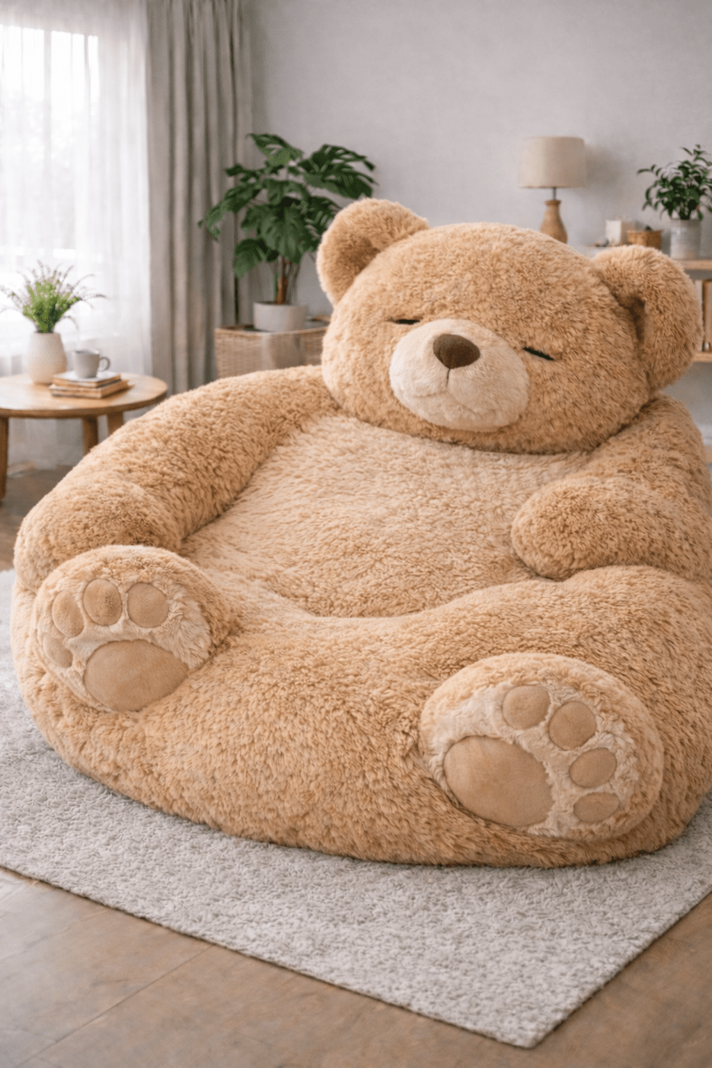 Oversized caramel brown teddy bear plush lounger chair in cosy living room