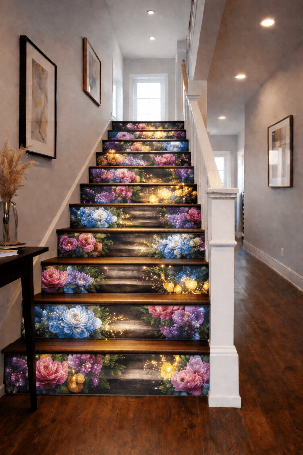 Glowing floral staircase riser designs with sparkling light effects and vibrant blooms