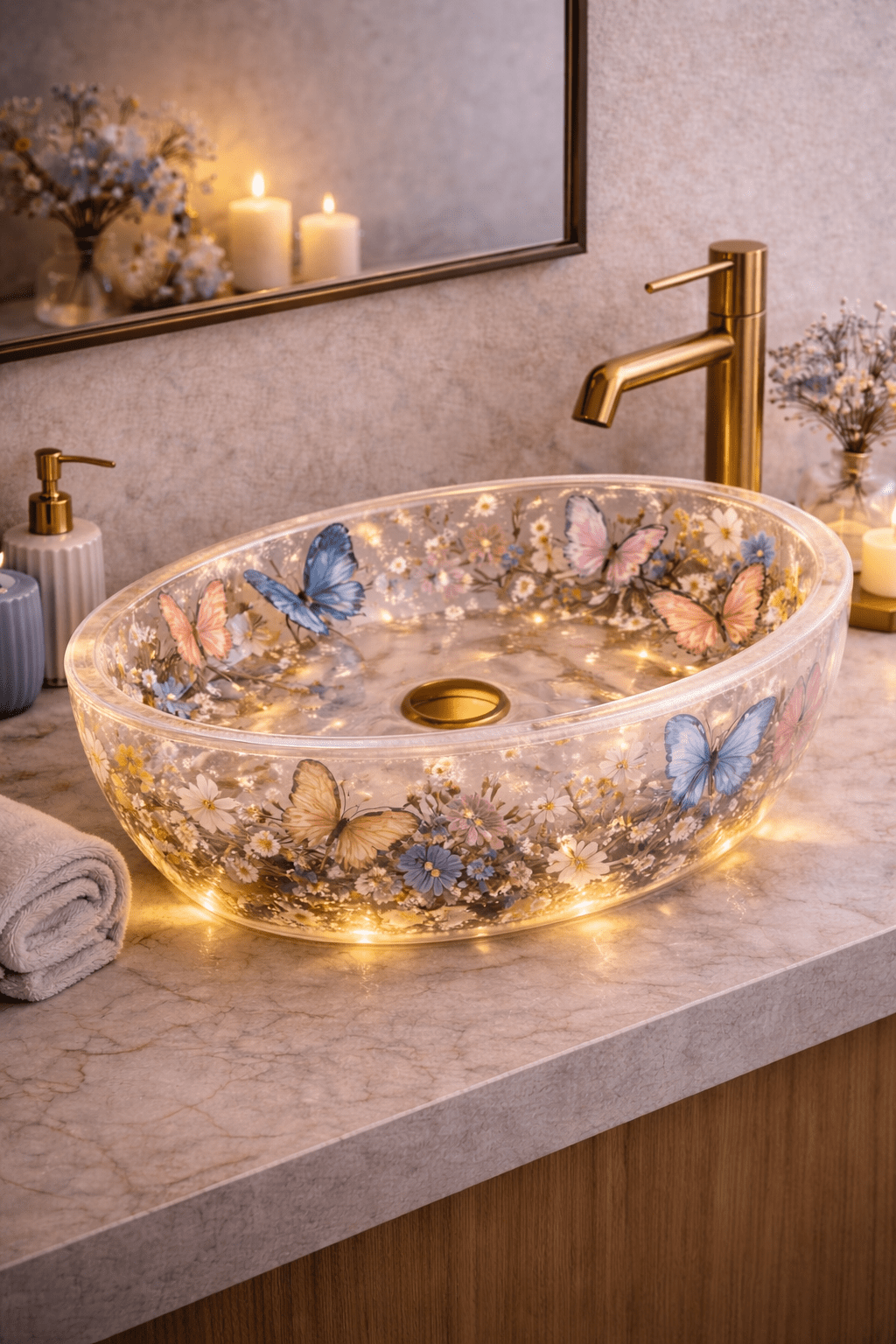 Pastel butterfly floral resin sink featuring embedded wildflowers and soft ambient lighting