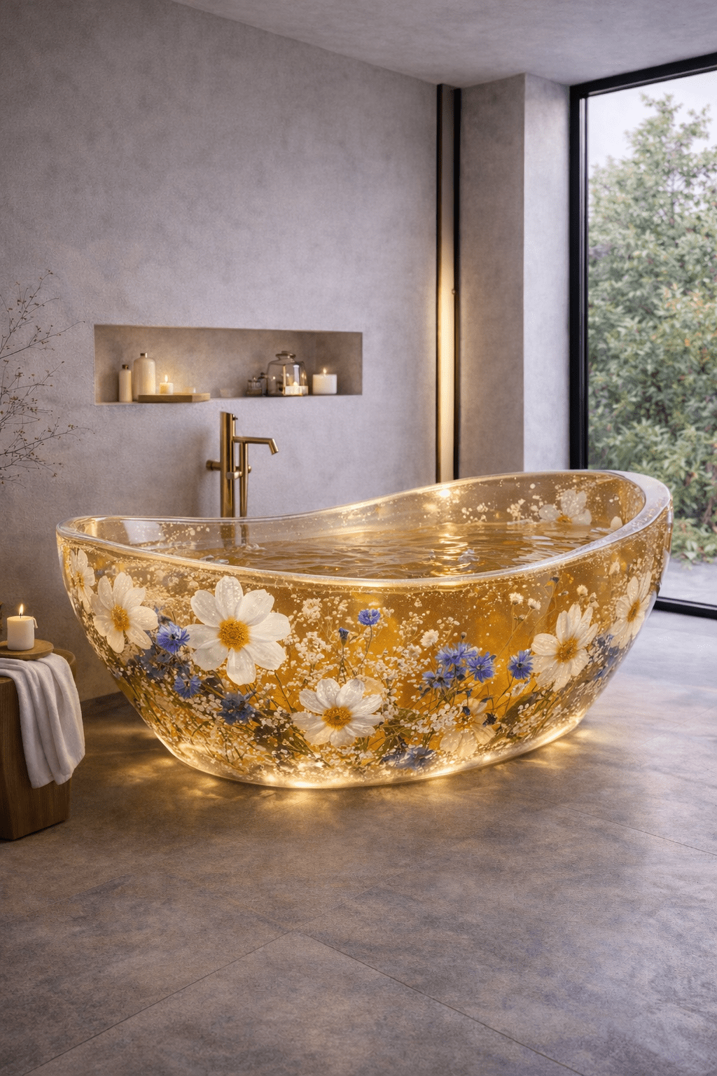 Golden tinted epoxy resin bathtub embedded with daisies and wildflowers illuminated from below
