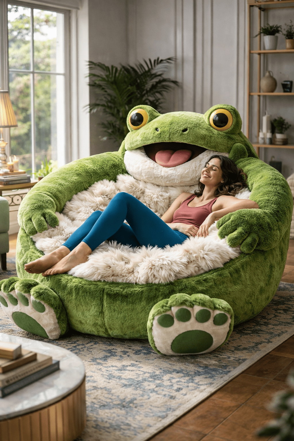 Giant green frog plush lounger with fluffy seating placed in a bright living room