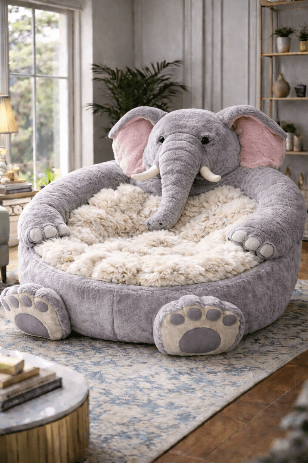 Grey plush elephant cuddle chair with sherpa lining styled in a contemporary home interior