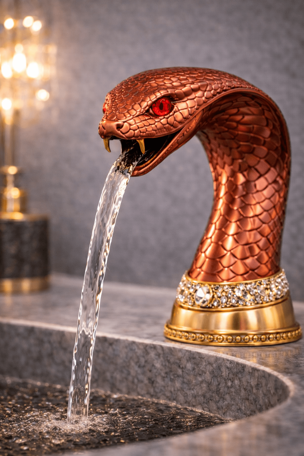 Luxury copper snake tap faucet with red gemstone eyes pouring water into marble sink