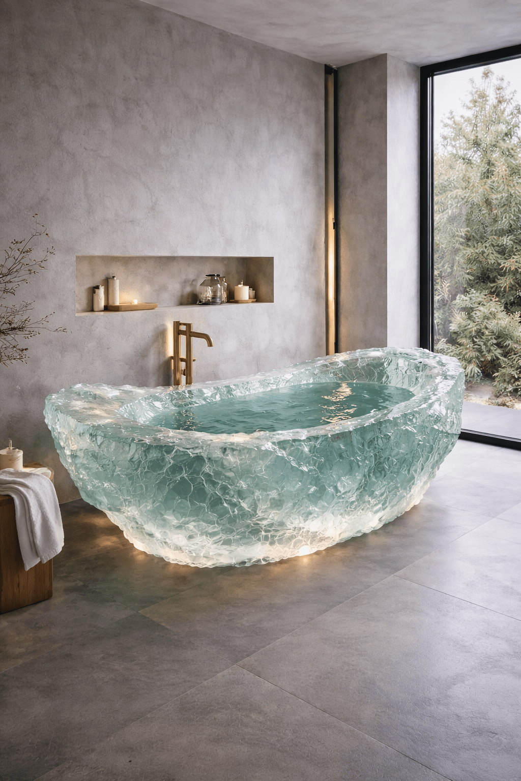 Aqua luxury translucent crystal bathtub with integrated lighting in a modern minimalist bathroom