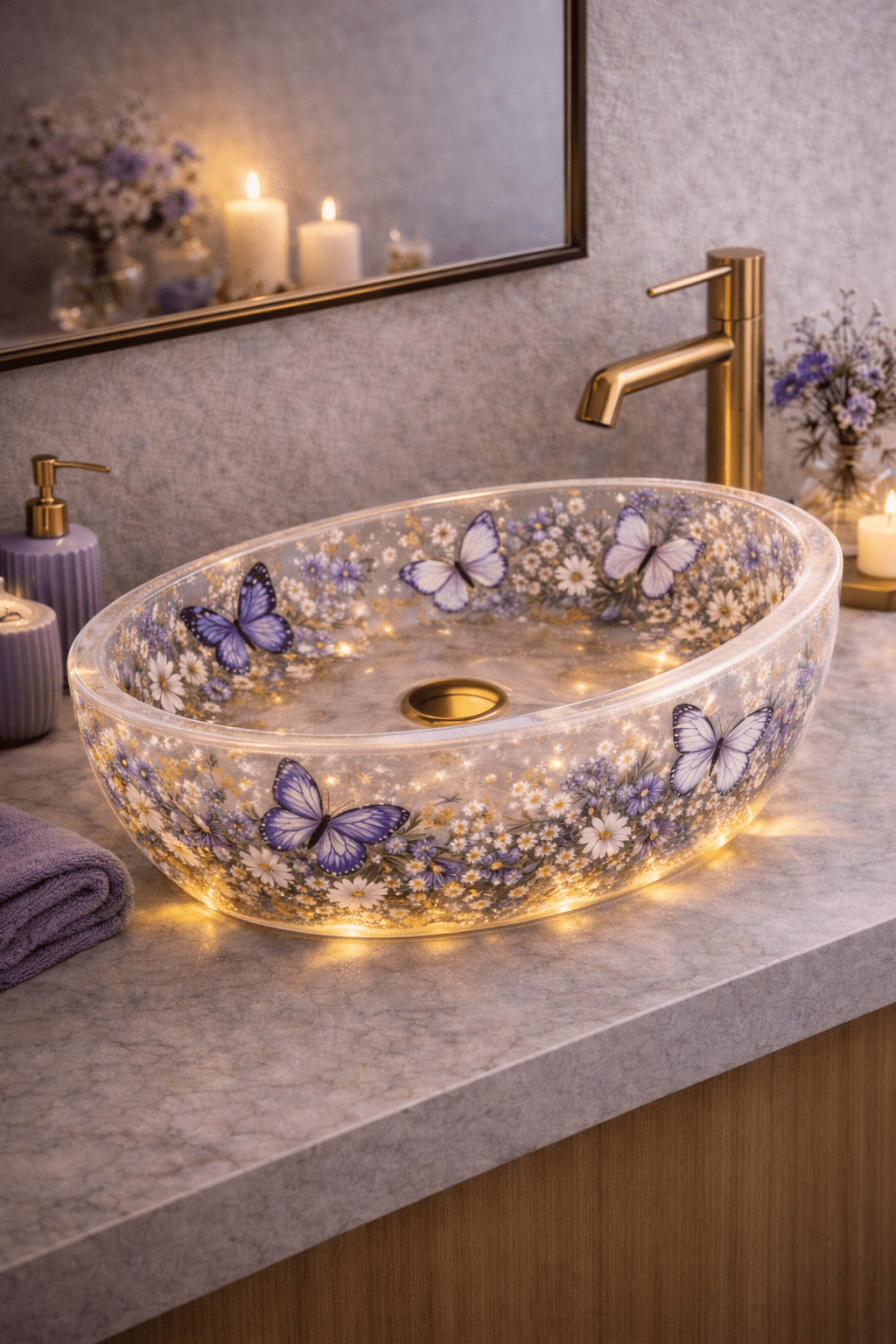 Illuminated lavender butterfly floral resin bathroom sink with embedded flowers and warm LED lighting