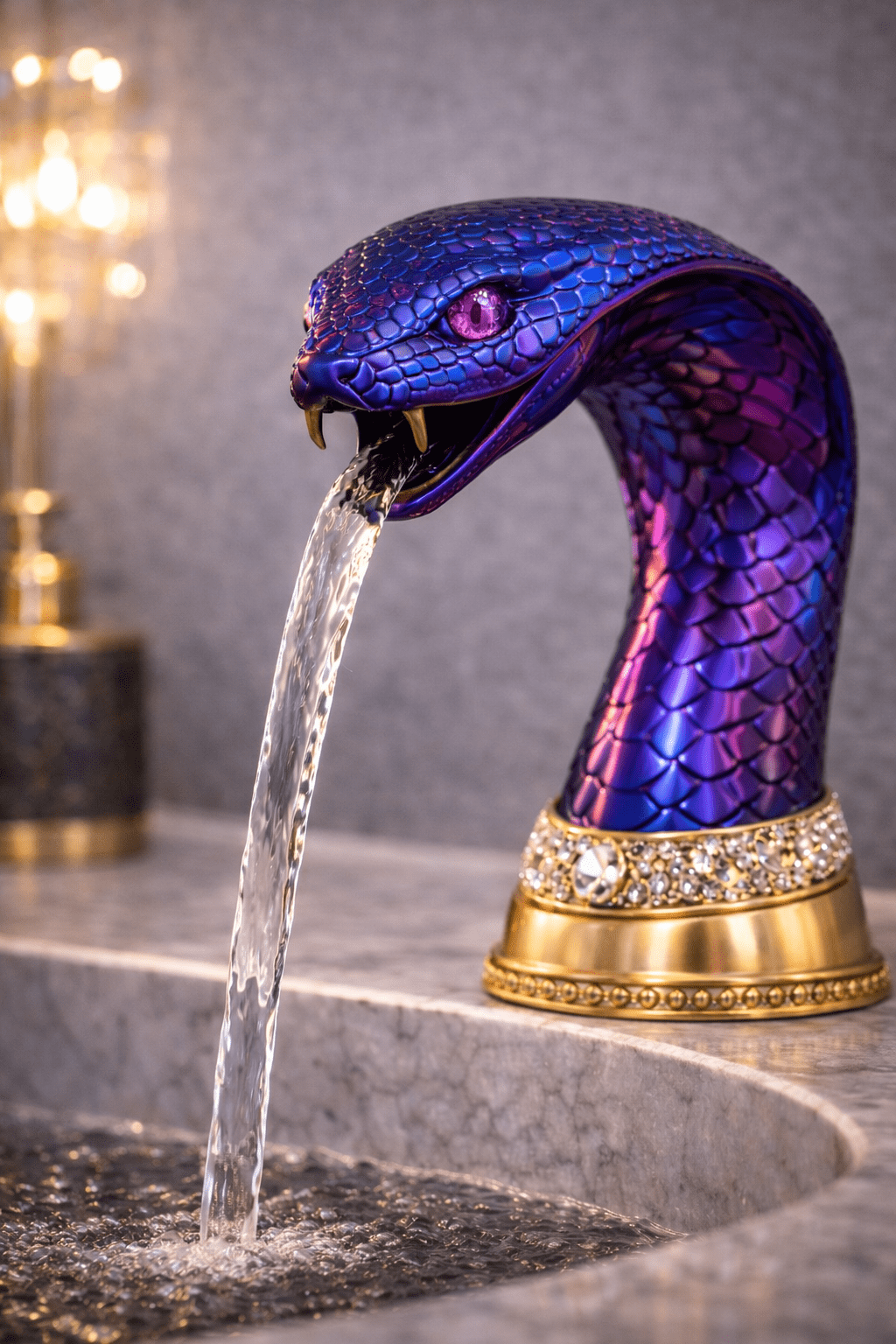 Iridescent purple and blue snake faucet with colour-changing scales and gemstone eyes