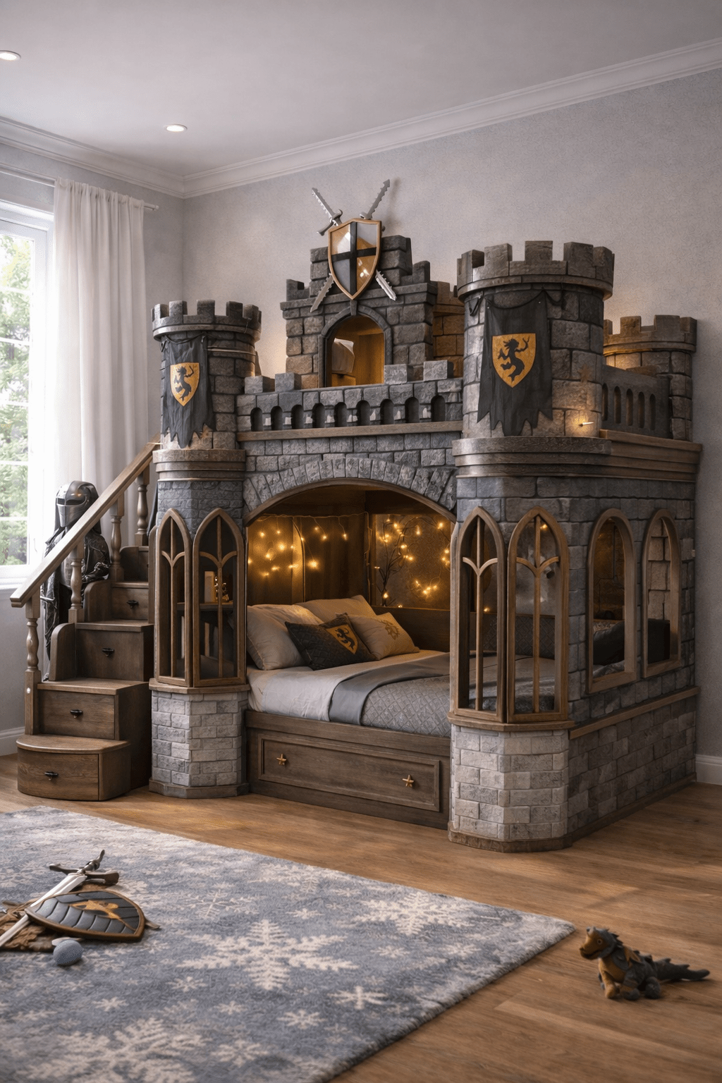 Dark stone medieval castle bed with shields, banners, staircase drawers, and warm interior lighting