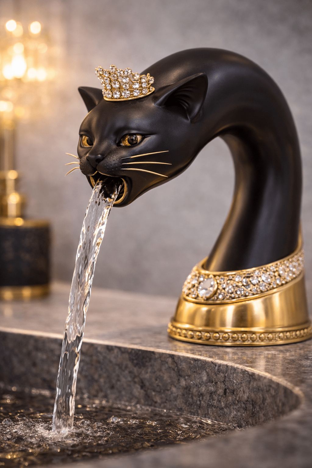 Matte black statement tap with crystal crown and gold base running water into marble basin