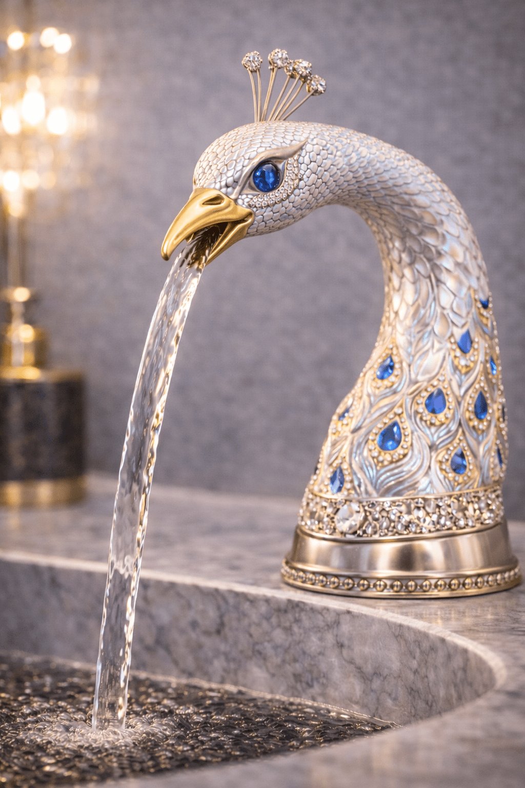 Ivory peacock shaped luxury bathroom tap with gold beak spout and gemstone detailing pouring water into marble sink