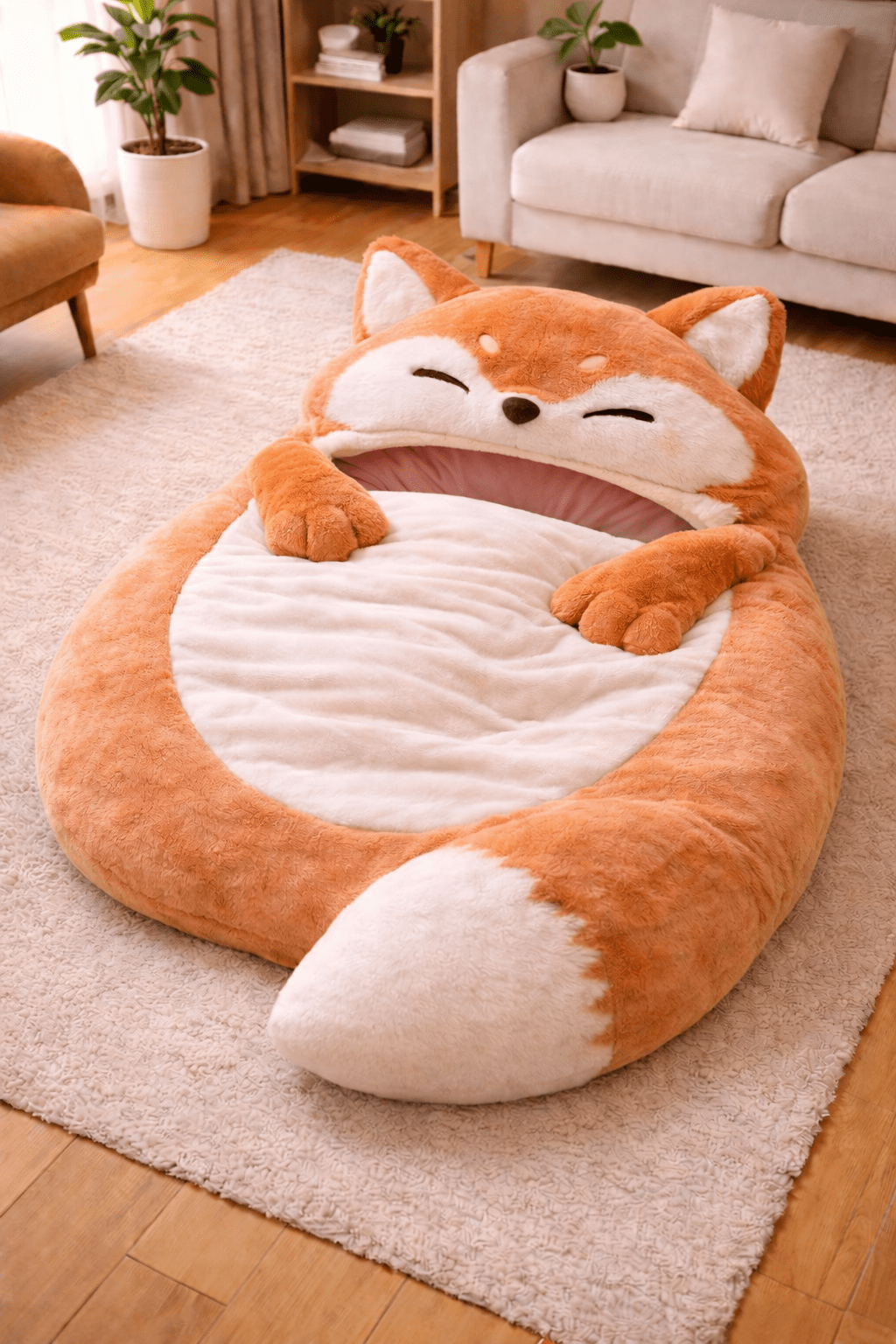 Oversized orange fox sleeping bag with plush interior on living room floor
