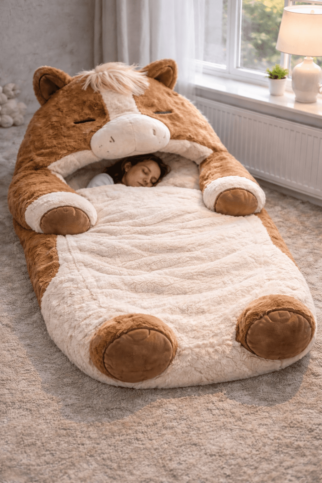 Chestnut brown giant horse-shaped sleeping bag with plush interior and hooded horse head canopy