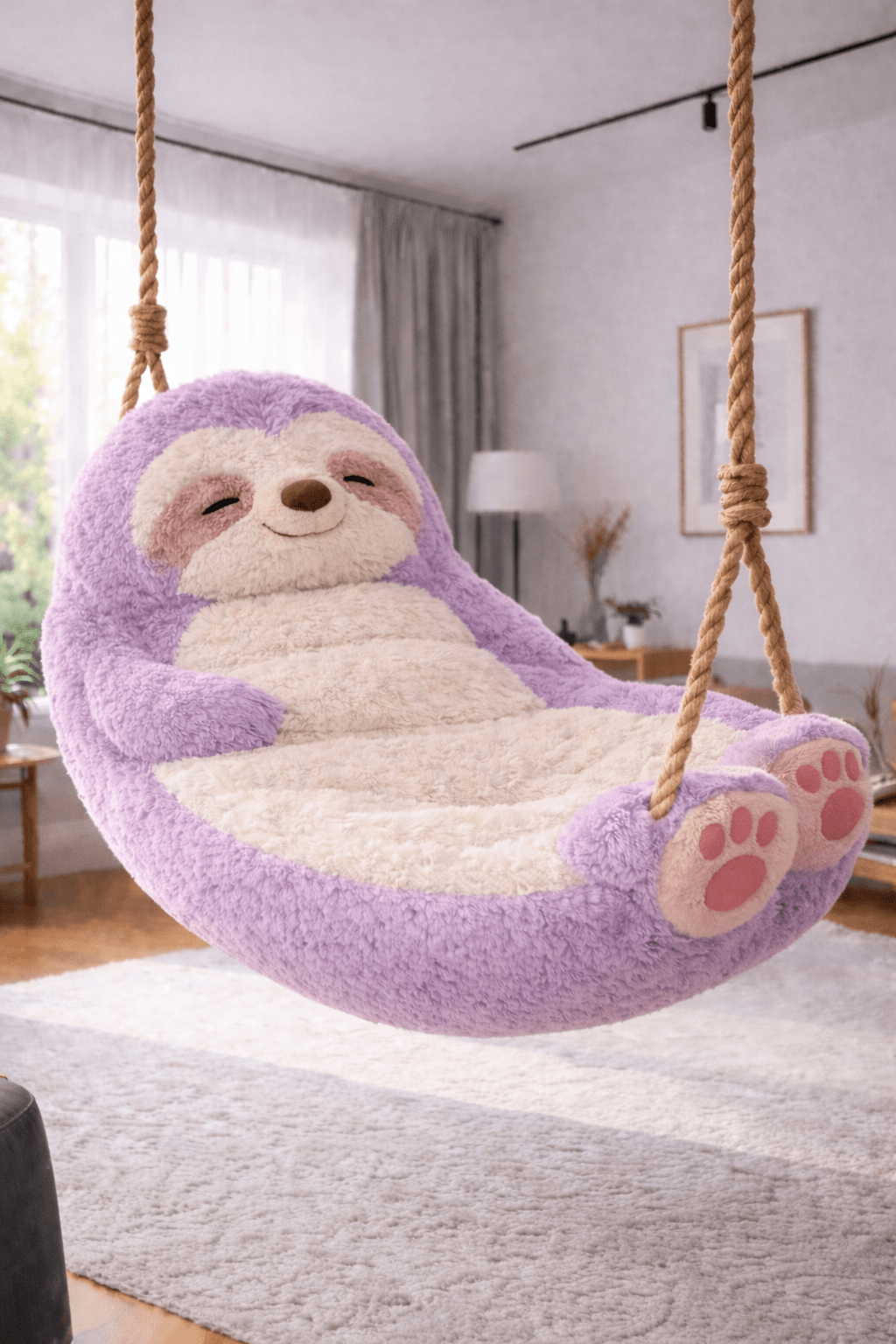 Lavender plush sloth hanging swing chair with pastel tones in a bright living space