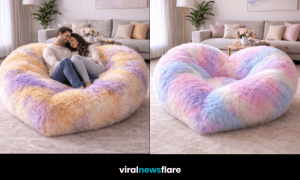 Heart-shaped plush lounge bed as a cosy statement seating piece in a modern home