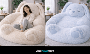 Collection of giant plush bunny bean bag chairs in beige, pink, and blue for modern interiors