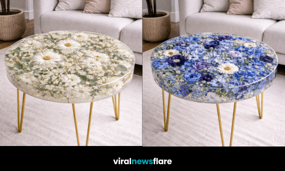 Collection of round floral epoxy resin coffee tables featuring roses, daisies, blue florals, and sunflowers in modern living rooms