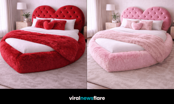 Collection of plush heart-shaped beds in red, aqua, pink, and purple luxury bedroom settings