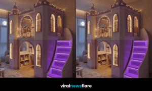 Illuminated princess castle loft bed with turrets, arched windows, balcony, and glowing staircase creating a magical themed bedroom.