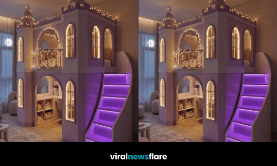 Illuminated princess castle loft bed with turrets, arched windows, balcony, and glowing staircase creating a magical themed bedroom.