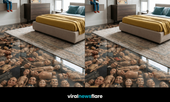 Statement epoxy resin bedroom floor featuring preserved marionette puppets beneath a high-gloss transparent surface