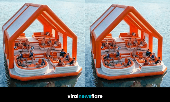 Modern inflatable floating house lounge filled with people relaxing on water during summer