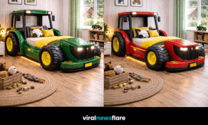 Tractor-shaped kids beds in blue, red, yellow and green creating a farm-themed children’s bedroom