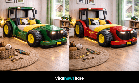 Tractor-shaped kids beds in blue, red, yellow and green creating a farm-themed children’s bedroom