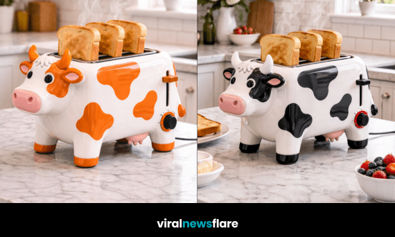Colourful cow-shaped novelty toasters displayed in stylish modern kitchens
