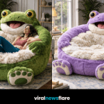 Collection of colourful giant frog plush lounger chairs in modern interiors