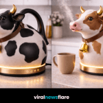 Collection of cow-shaped novelty kettles in pastel and classic colours displayed in stylish kitchen setting