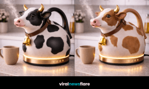 Collection of cow-shaped novelty kettles in pastel and classic colours displayed in stylish kitchen setting