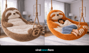 Collection of plush sloth hanging swing chairs in multiple colours styled in modern home interiors