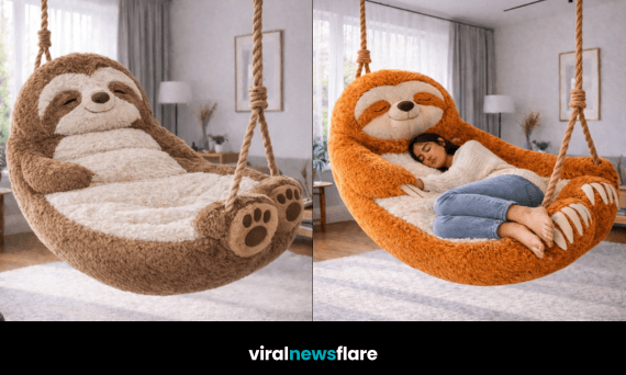 Collection of plush sloth hanging swing chairs in multiple colours styled in modern home interiors