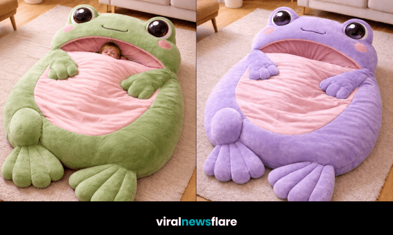 Green, pink, purple and blue frog sleeping bags displayed in cosy home interiors