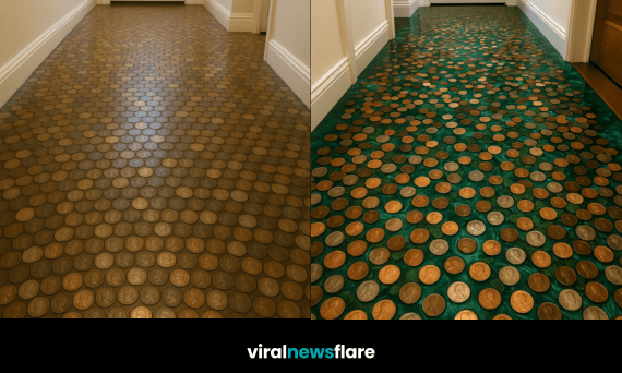 Luxury epoxy flooring embedded with coins creating a bold hallway statement