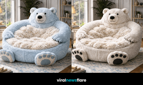 Collection of oversized polar bear plush lounger chairs in multiple colours