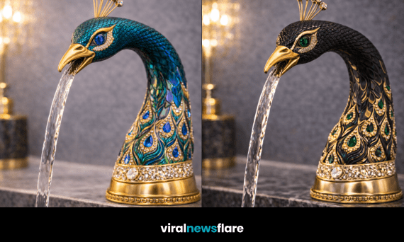 Ornate peacock shaped luxury bathroom tap with gemstone detailing and flowing water in high-end marble setting