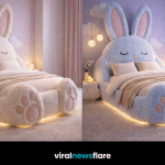 Collection of oversized plush bunny bed frames in pastel colours with LED lighting