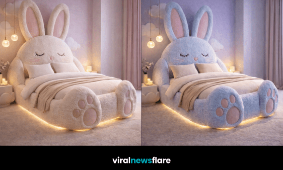 Collection of oversized plush bunny bed frames in pastel colours with LED lighting