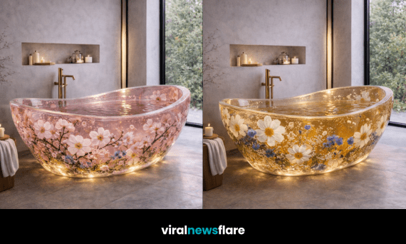 Freestanding transparent floral epoxy resin bathtub with embedded blossoms and ambient LED lighting in a modern spa bathroom