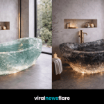 Sculptural translucent crystal bathtub centrepiece in a high-end modern bathroom