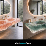 Sculptural crystal resin double vanity sinks in multiple colours with backlit mirrors and contemporary interiors