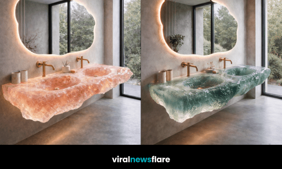 Sculptural crystal resin double vanity sinks in multiple colours with backlit mirrors and contemporary interiors