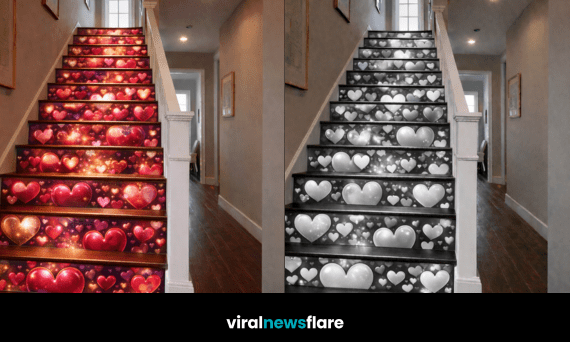 Decorative heart staircase risers with glowing illusion artwork creating a statement hallway feature