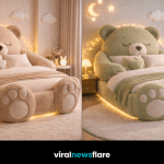 Collection of giant teddy bear plush beds in blue, green, beige, and pink with soft lighting