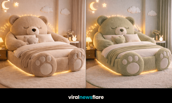 Collection of giant teddy bear plush beds in blue, green, beige, and pink with soft lighting