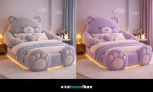 Collection of giant plush cat bed frames in pink, purple, grey and cream colourways