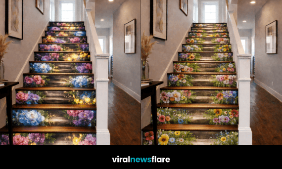 Statement floral staircase riser designs transforming a wooden stairway into a blooming centrepiece