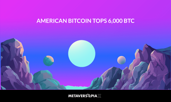 Illustrated crypto blog header showing American Bitcoin surpassing 6,000 BTC with futuristic metaverse landscape background