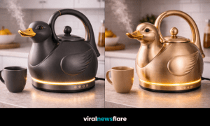 Collection of duck shaped electric kettles in gold black pink and blue finishes